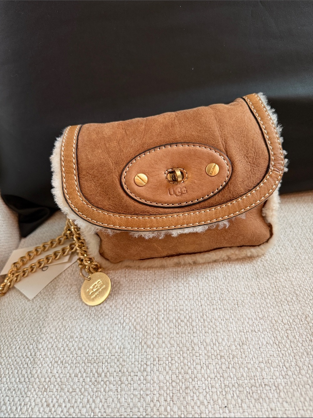 UGG Chestnut Brown Suede Mini Shearling Crossbody with Gold Hardware